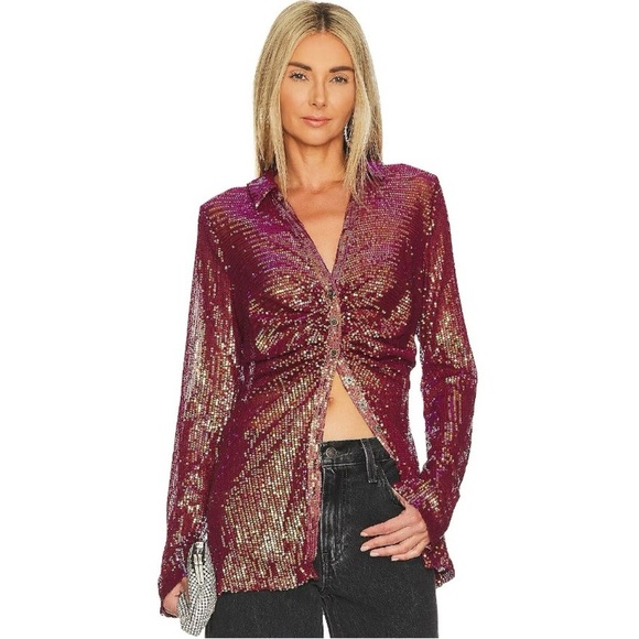 NWT Free people Sequin Shirtee Top in Dark Rhubarb SIZE S - Picture 1 of 7